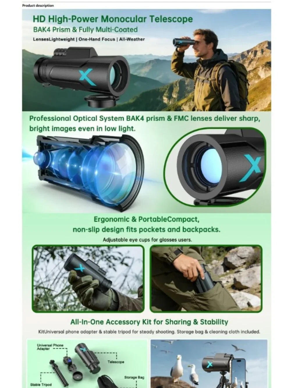 NEW 12x50 High Power HD Monocular Telescope with Phone Adapter & Tripod